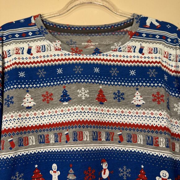 NEW Brooks men's sz large L Distance Graphic Long Sleeve Run Jolly Christmas top - Picture 2 of 9